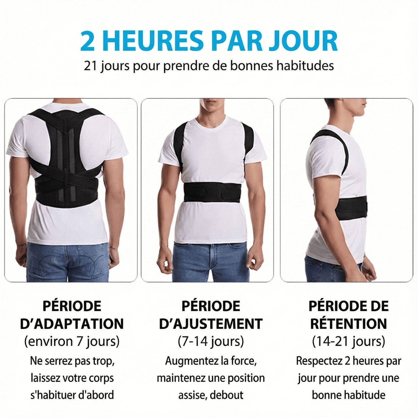 Pro-Posture CourbeParfaite : Guide d'utilisation sur la posture avec un correcteur de posture affiché en trois étapes.