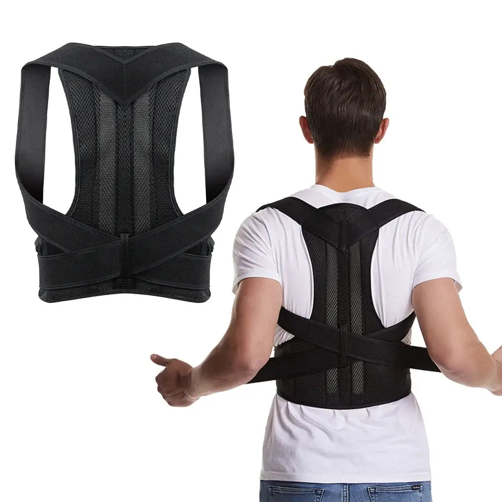 Pro-Posture CourbeParfaite : Correcteur de posture noir porté par un homme, vue arrière et avant.