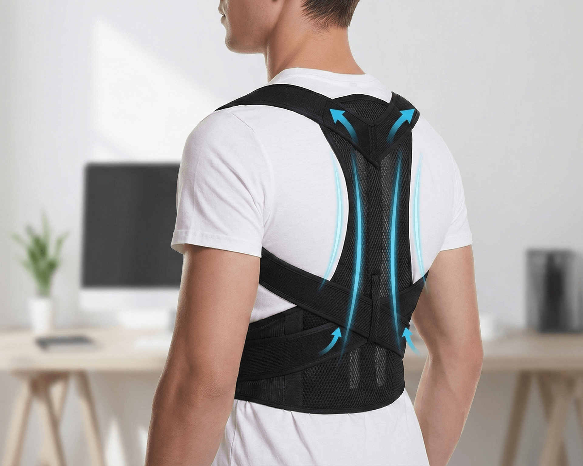 Homme portant le correcteur de posture Pro-Posture CourbeParfaite avec soutien au dos et épaules.